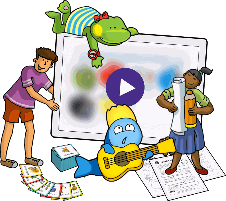 Calico Spanish characters and young learners gathered around an animated Spanish video lesson
